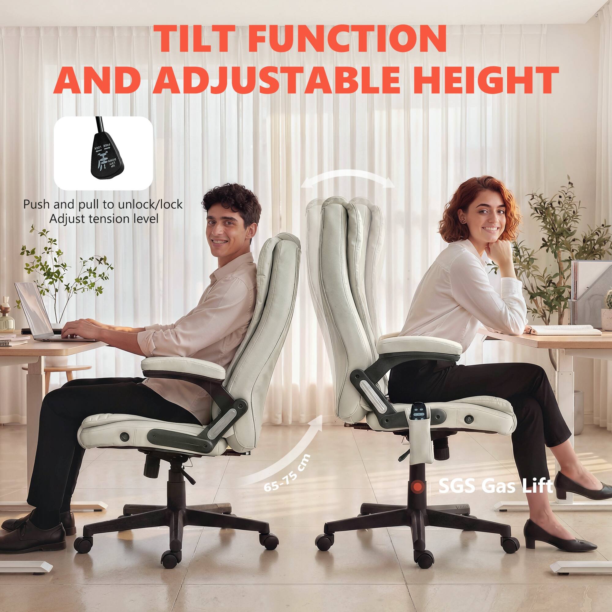 TILT FUNCTION AND ADJUSTABLE HEIGHT

Push and pull to unlock/lock  
Adjust tension level

65-75 cm

SGS Gas Lift