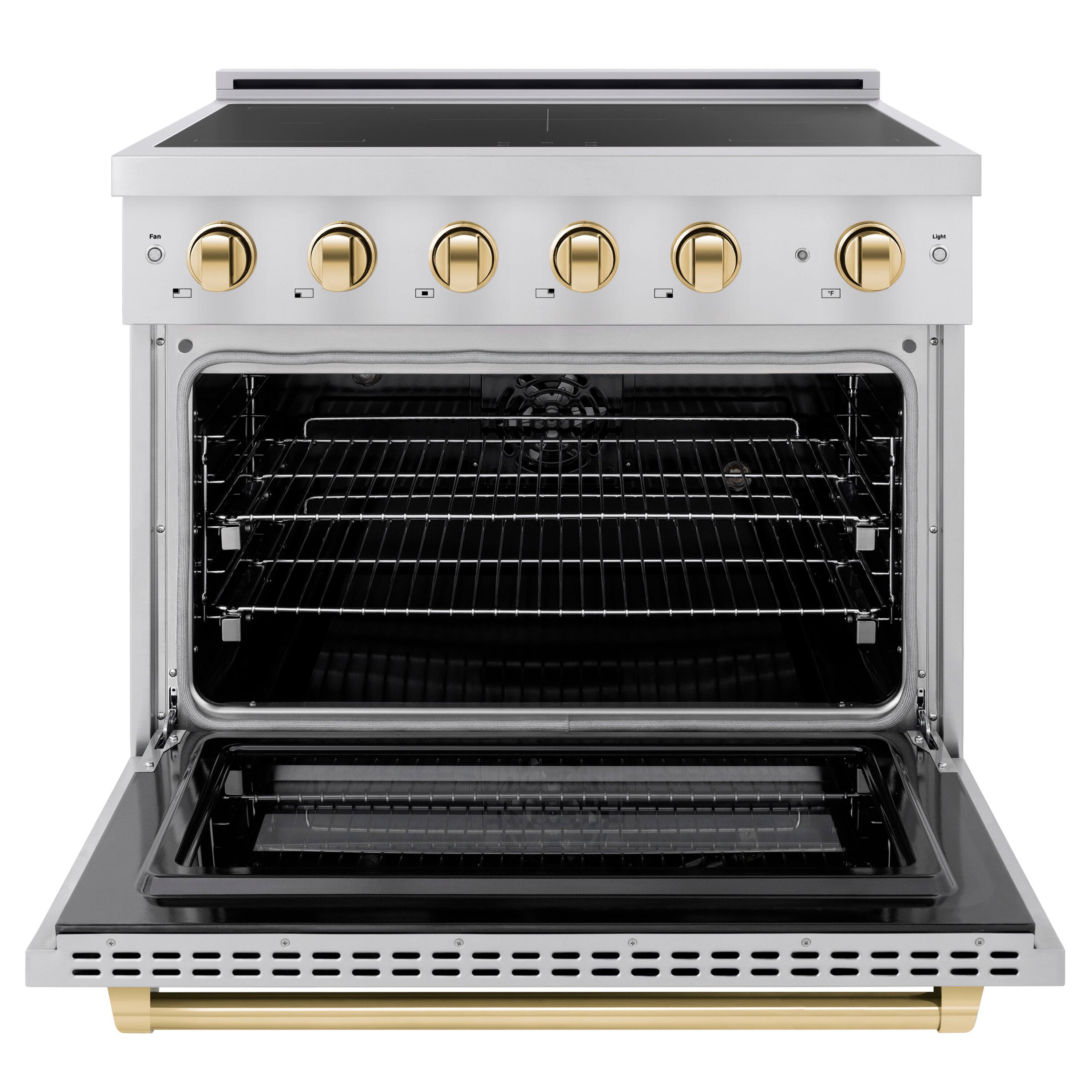 Angle. ZLINE - Autograph 36 in. 5.2 cu. ft. Paramount Freestanding Induction Range with 5 Burners and Electric Oven w/ Gold Accents - Stainless Steel.