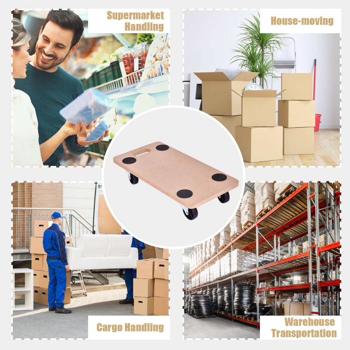 Supermarket Handling: A man is seen pushing a cart full of groceries in the supermarket.

House-moving: A man is pushing a dolly with a board on it, possibly for moving items within a house.

Cargo Handling: A man is seen pushing a cart full of boxes, possibly for cargo handling purposes.

Warehouse Transportation: A man is pushing a dolly with a board on it, possibly for transporting items within a warehouse.