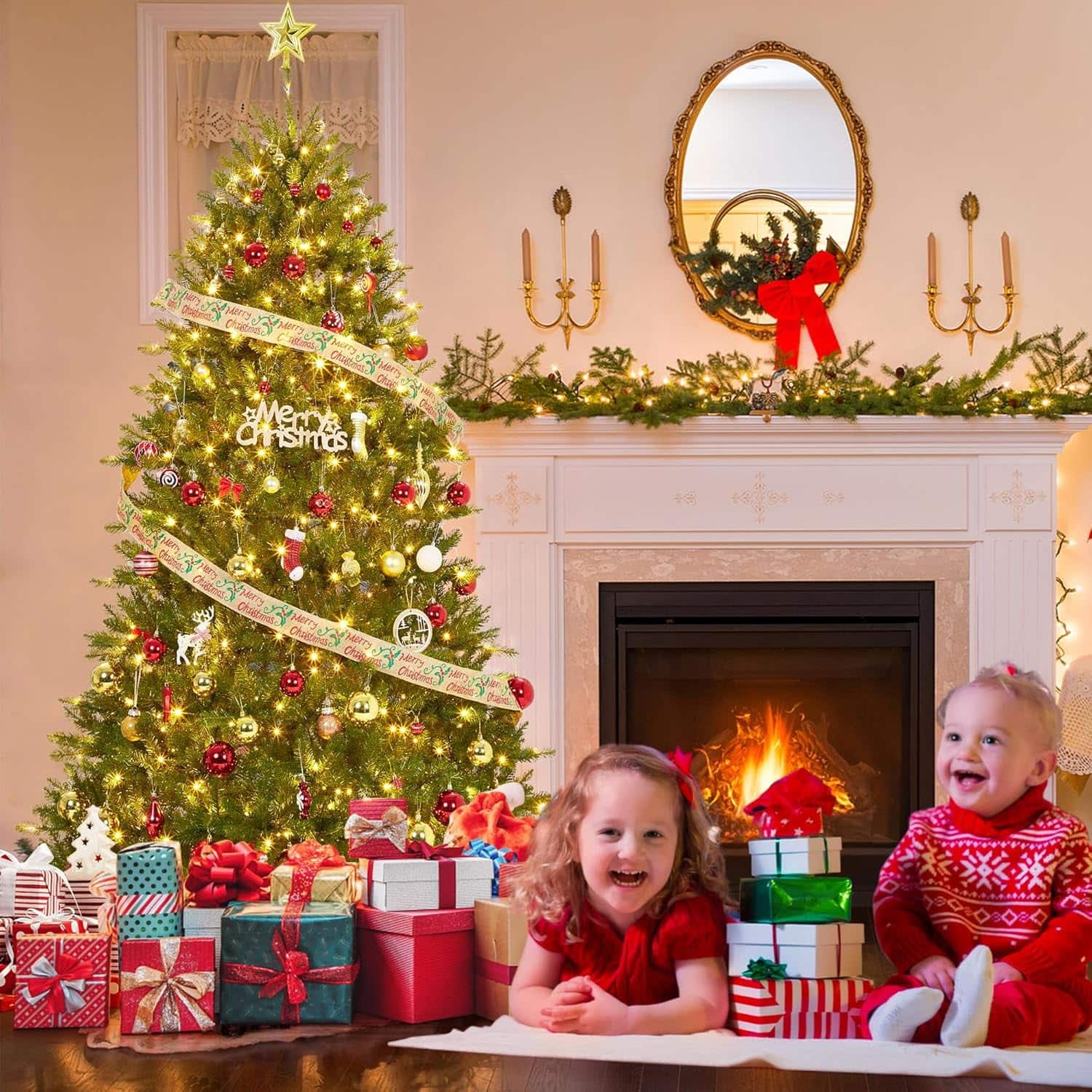 Qeetex - 9ft Pre-Lit Artificial Christmas Tree with 900 Lights, Foldable Stand & Foot Pedal - Green 9ft