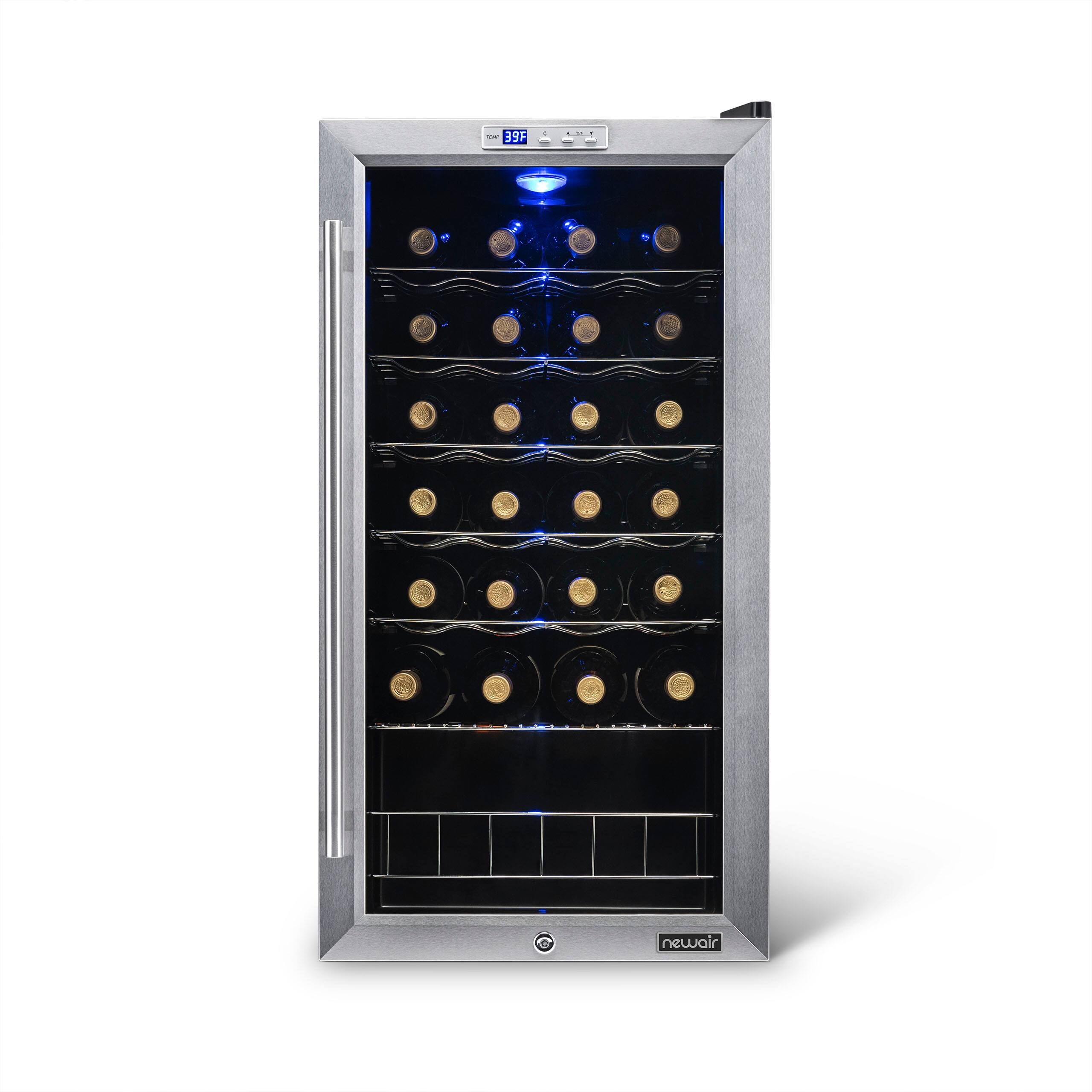 The text "39F - newair" is likely a reference to the temperature inside the wine refrigerator. The temperature is set at 39 degrees Fahrenheit, which is ideal for preserving and aging wine. The "newair" part of the text might be a brand name or a feature of the wine refrigerator.