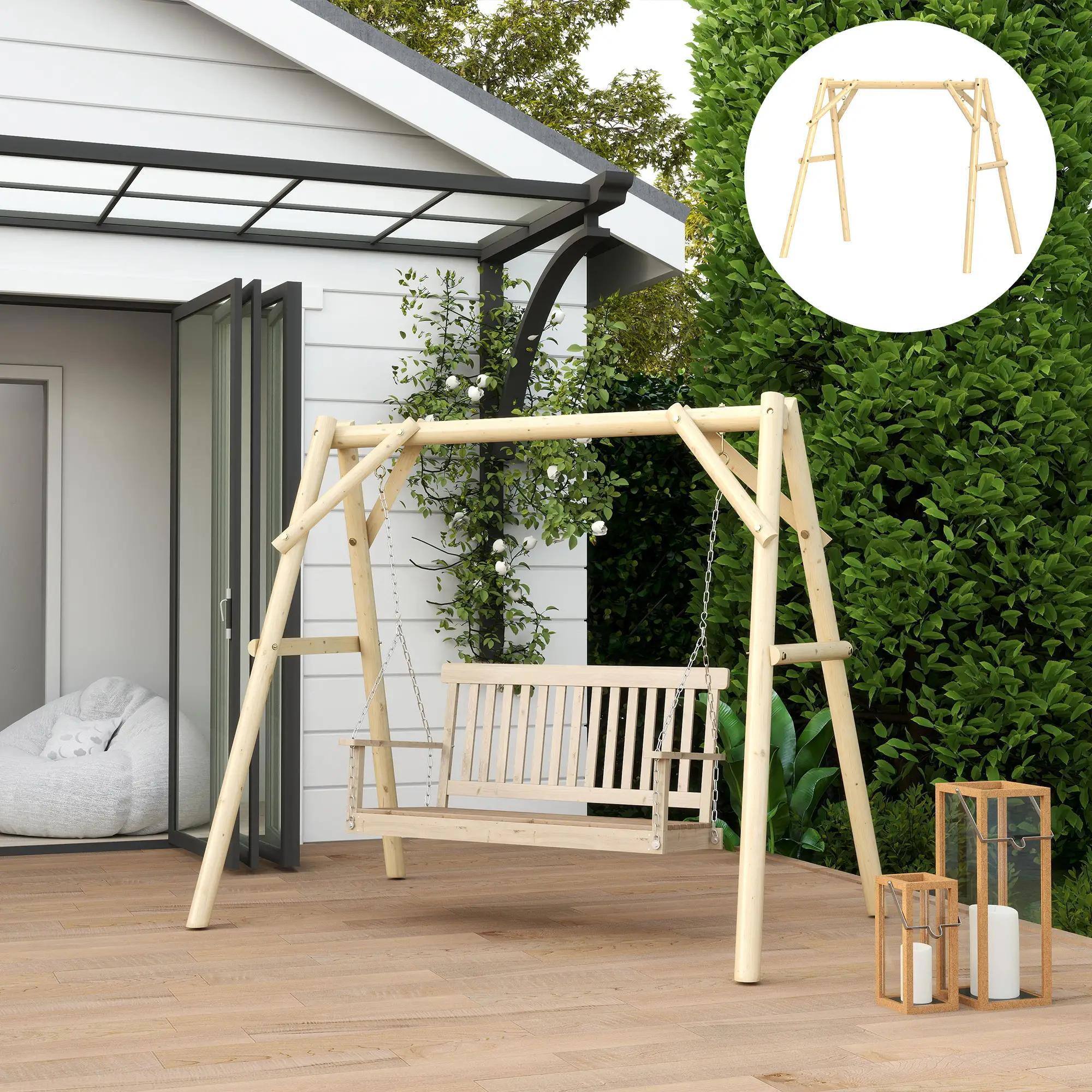 Alt View 1. Resenkos - Resenkos 3-Seat Wooden Swing Stand, Patio Swing With Tables, Outdoor Swing for Garden, Pool, Yard, Natural Wood.