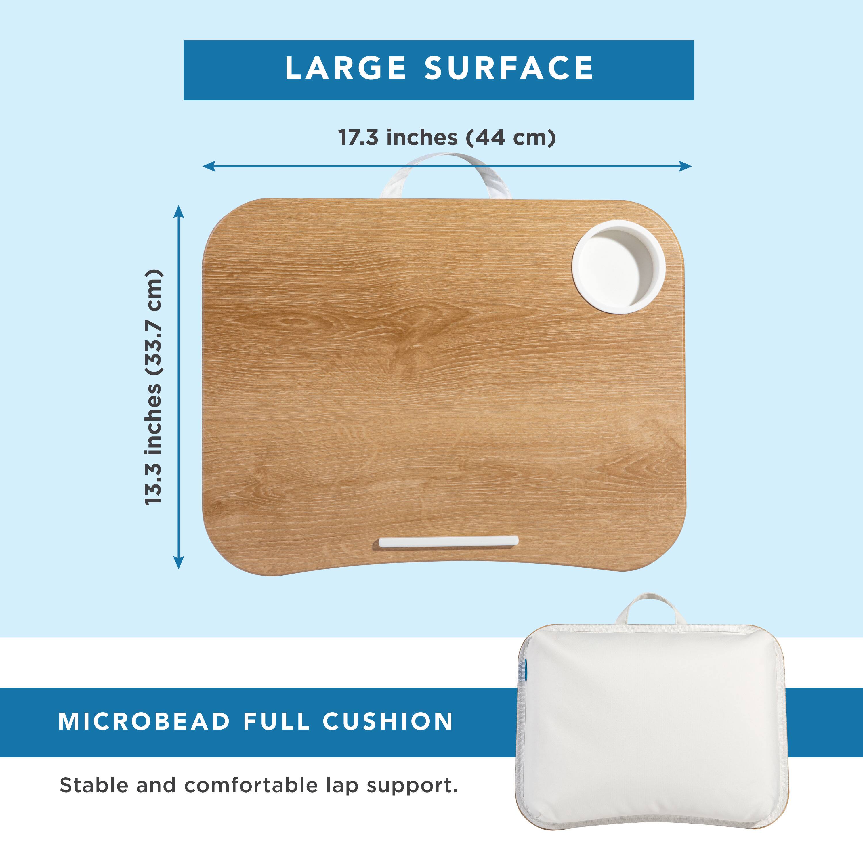 The text on the image reads: "Large Surface 17.3 inches (44 cm) cm) (33.7 inches 13.3 MICROBEAD FULL CUSHION Stable and comfortable lap support."