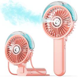 PRIMEPLUS - Portable Misting Fan 180° Foldable, 3 Speeds, 30ml Tank, USB Rechargeable for Travel/Outdoor/Makeup/Camping - Pink