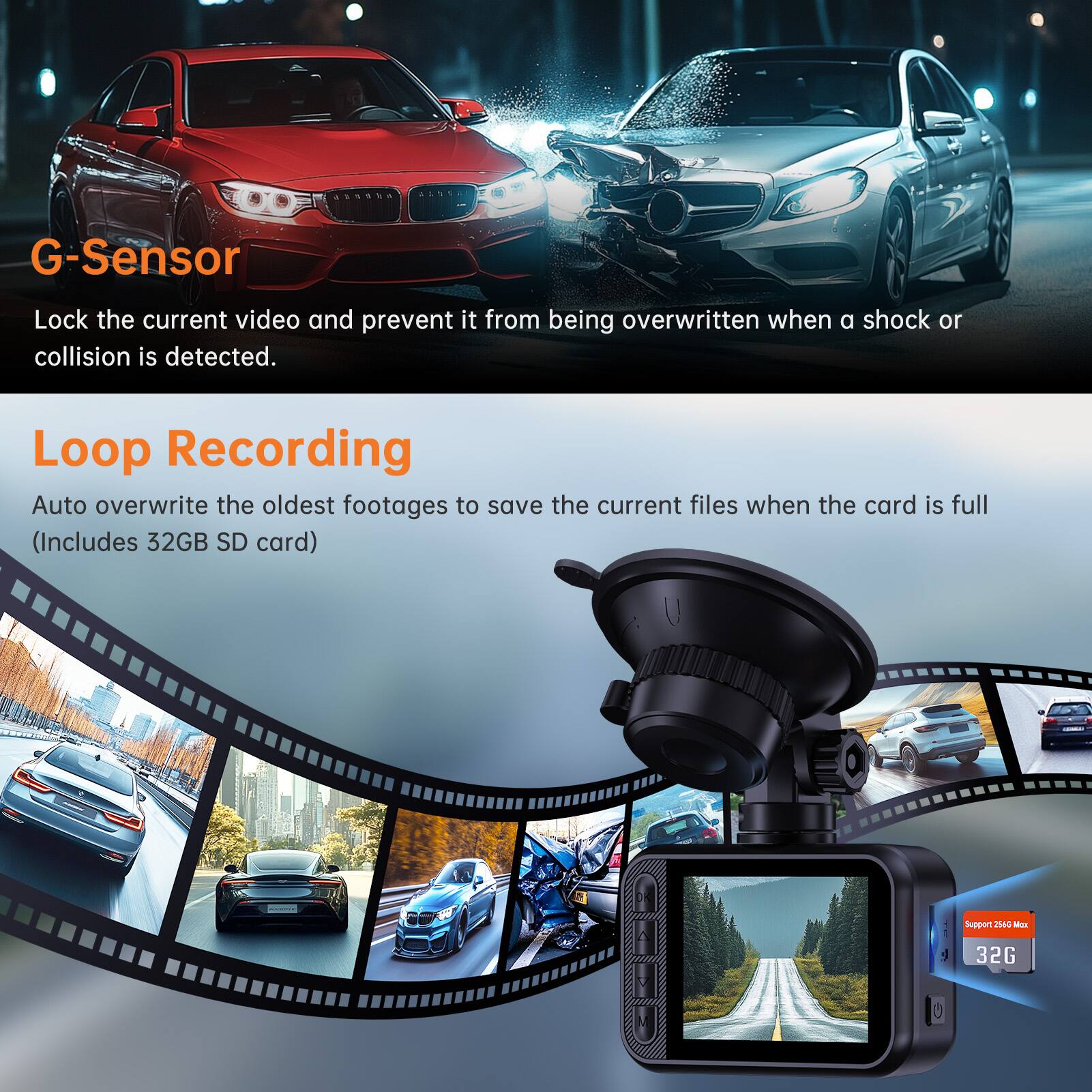 G-Sensor  
Lock the current video and prevent it from being overwritten when a shock or collision is detected.

Loop Recording  
Auto overwrite the oldest footages to save the current files when the card is full (Includes 32GB SD card)

Support 2566  
32G