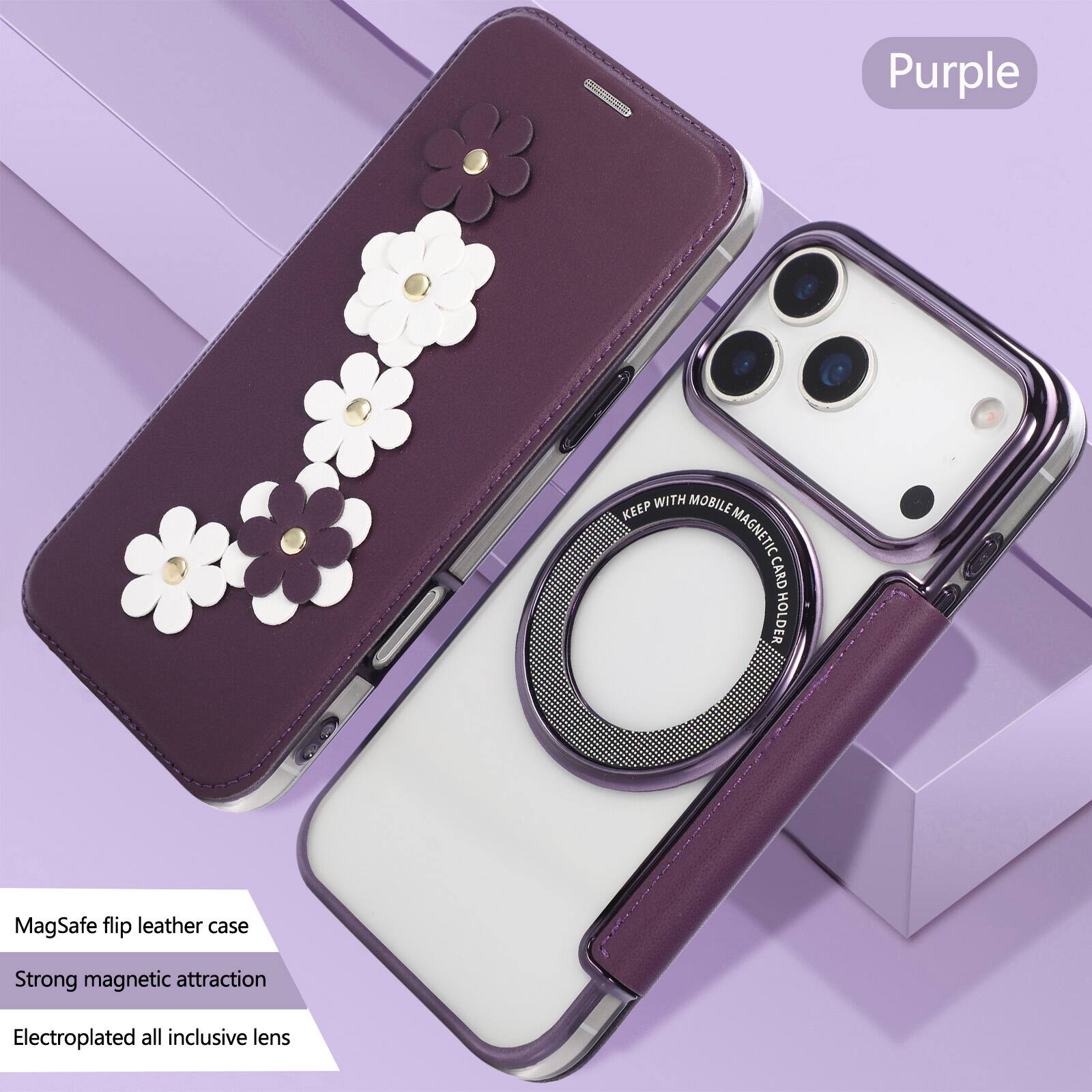 Purple  
MagSafe flip leather case  
Strong magnetic attraction  
Electroplated all inclusive lens  

KEEP WITH MOBILE MAGNETIC CARD HOLDER