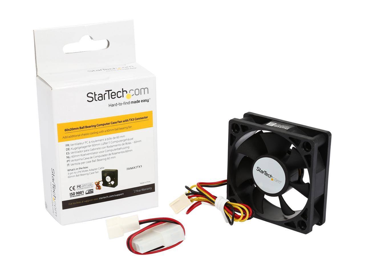 StarTech.com made easy  
Hard-to-find StarTech.com 60x20mm Ball Bearing Computer Case Fan with TX3 Connector  

Add additional chassis cooling with a 60mm ball bearing fan.  

What's in the box:  
- 60mm Ball Bearing Case Fan  
- 3-pin to Molex Adapter Cable  

FR: Ventilateur PC à roulement à billes de 60mm  
DE: Kugelgehäuseventilator für Computer Gehäuse 60mm  
ES: Ventilador para Gabinete con Rodamiento de Bolas 60mm  
NL: Koelventilator voor Computergehuis 60mm  
PT: Ventoinha para Gabinete com Rodamento de Bolas 60mm  
IT: Ventola per Case Computer 60mm  

CE  
ISO 9001  
2 Year Warranty  

For technical support visit: startech.com/support