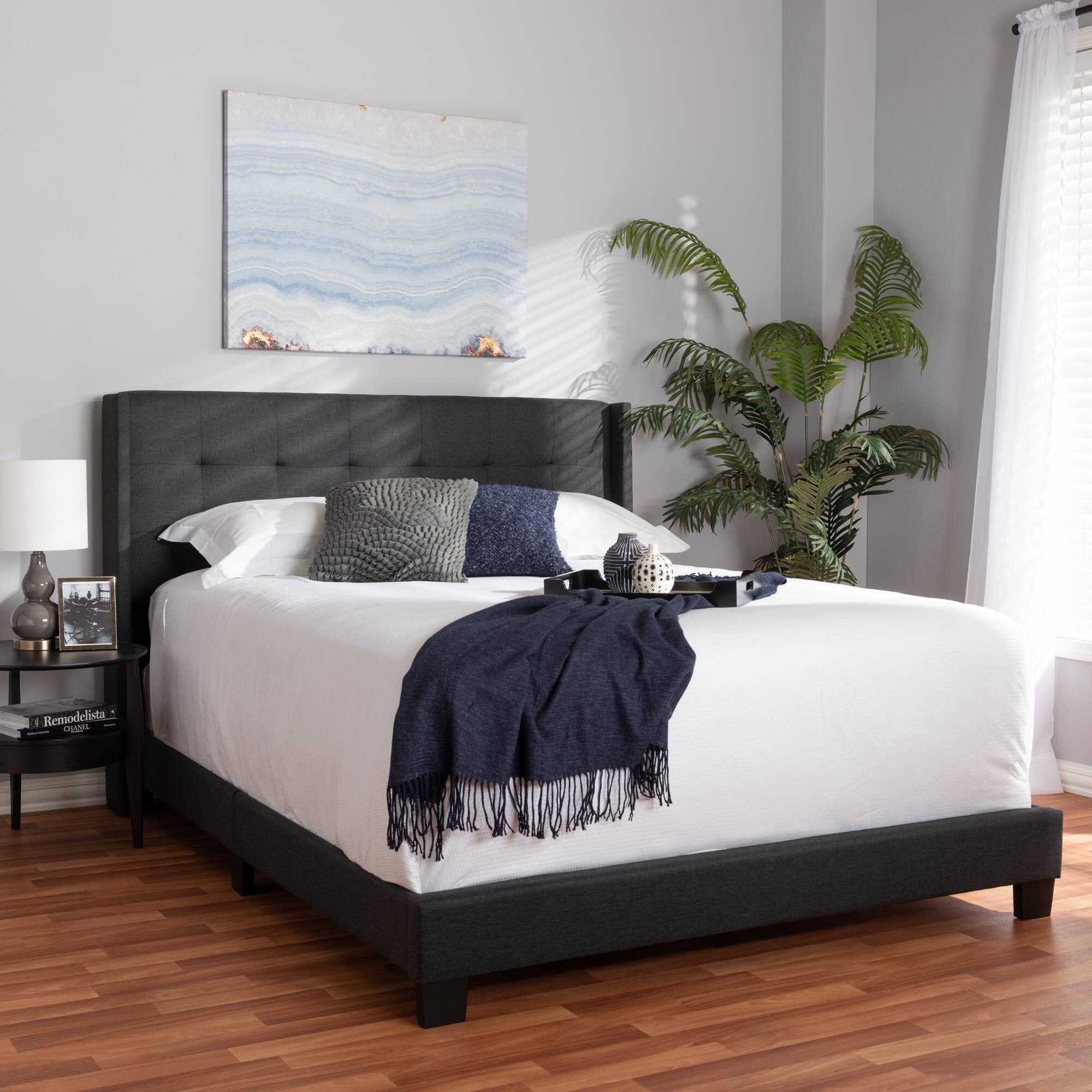 Alt View 2. Baxton Studio - Lisette Modern and Contemporary Fabric Upholstered Queen Size Bed - Charcoal Grey.