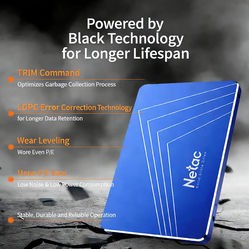 Powered by Black Technology for Longer Lifespan

- TRIM Command
  - Optimizes Garbage Collection Process

- LDPC Error Correction Technology
  - for Longer Data Retention

- Wear Leveling
  - Wore Even P/E

- Morn P/E Wear
  - Low Noise & Low Power Consumption

- Stable, Durable and Reliable Operation

Drive Netac PItos State