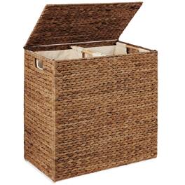 Best Choice Products - Large Natural Water Hyacinth Double Laundry Hamper Basket w/ 2 Liner Bags, Handles - Chestnut