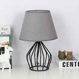 Oumilen - Industrial Hollow Wire Table Lamp – Farmhouse Desk Lamp with Gray Linen Shade, E26 Socket, UL Listed