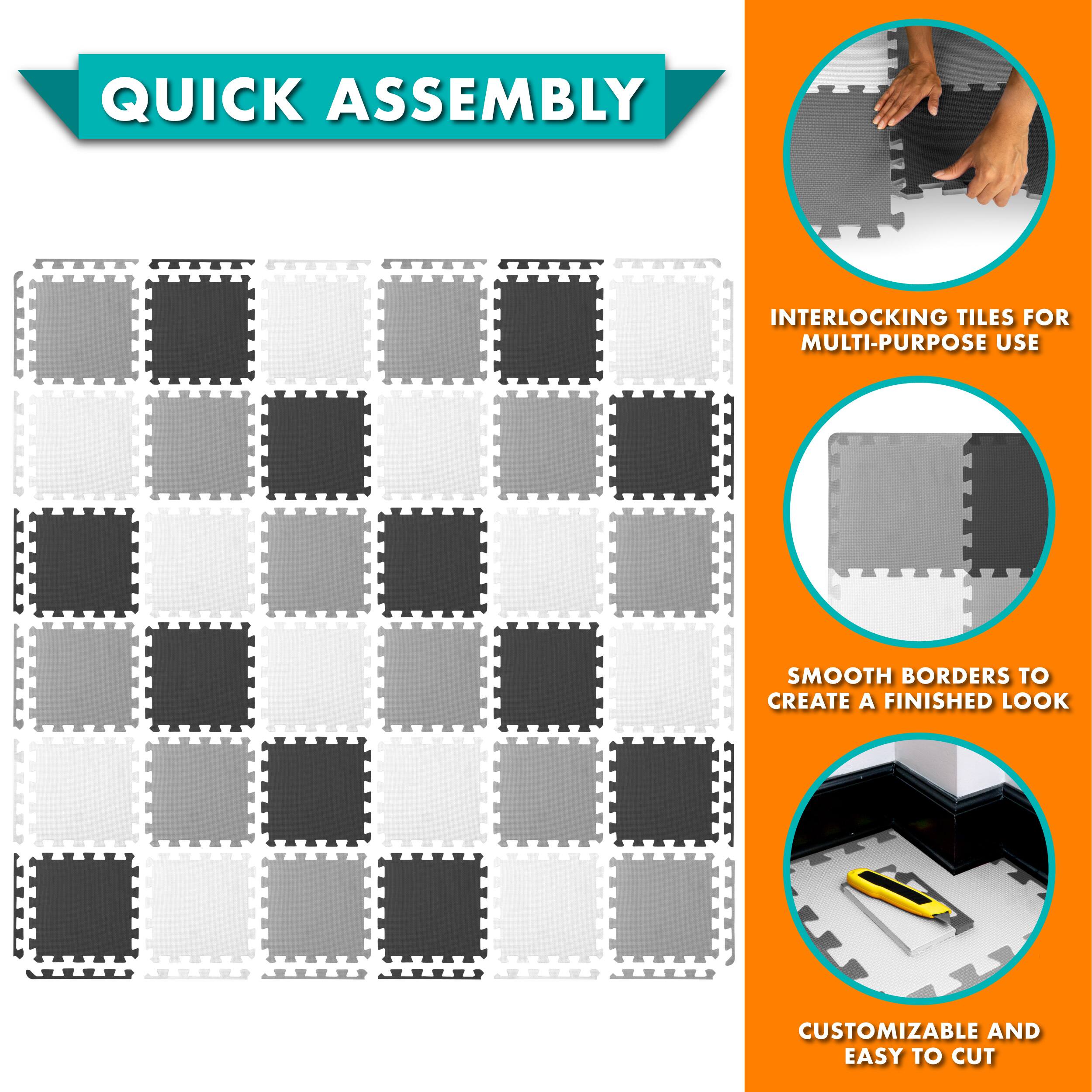 Quick Assembly Interlocking Tiles for Multi-Purpose Use. Smooth Borders to Create a Finished Look. Customizable and Easy to Cut.