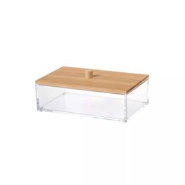 Elle - Acrylic Makeup Organizer with Bamboo Lid, Clear Nonslip Rectangular Cosmetic Storage Box for Bathroom & Vanity - Clear/Natural Bamboo