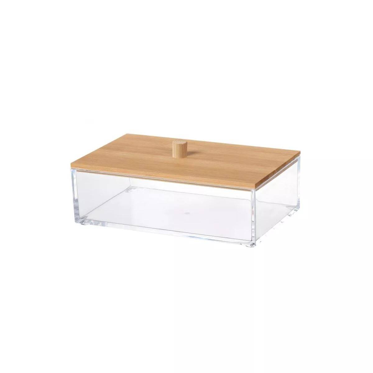 Front. Elle - Acrylic Makeup Organizer with Bamboo Lid, Clear Nonslip Rectangular Cosmetic Storage Box for Bathroom & Vanity - Clear/Natural Bamboo.