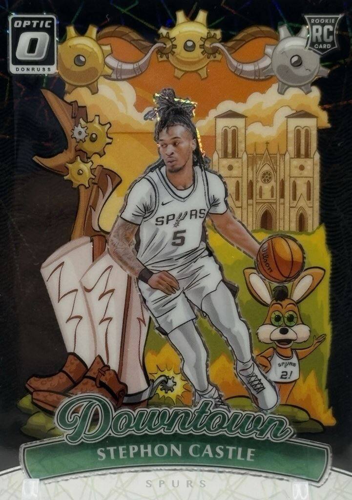 OPTIC 0  
DONRUSS  

ROOKIE RC CARD  

Downtown  
STEPHON CASTLE  
SPURS  

SPURS 5  
Wilson  
SPURS 2!
