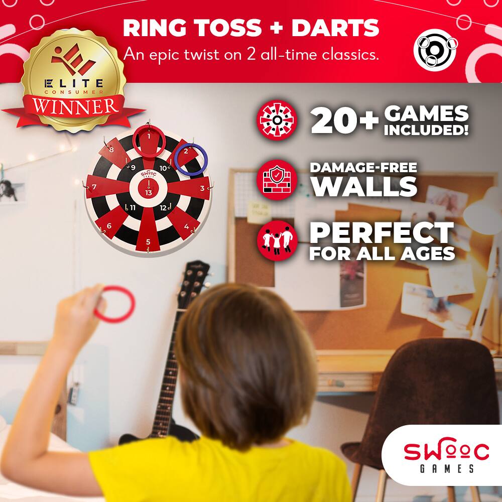 RING TOSS + DARTS  
An epic twist on 2 all-time classics.  

ELITE CONSUMER WINNER  

20+ GAMES INCLUDED!  

DAMAGE-FREE WALLS  

PERFECT FOR ALL AGES  

SWOOC GAMES