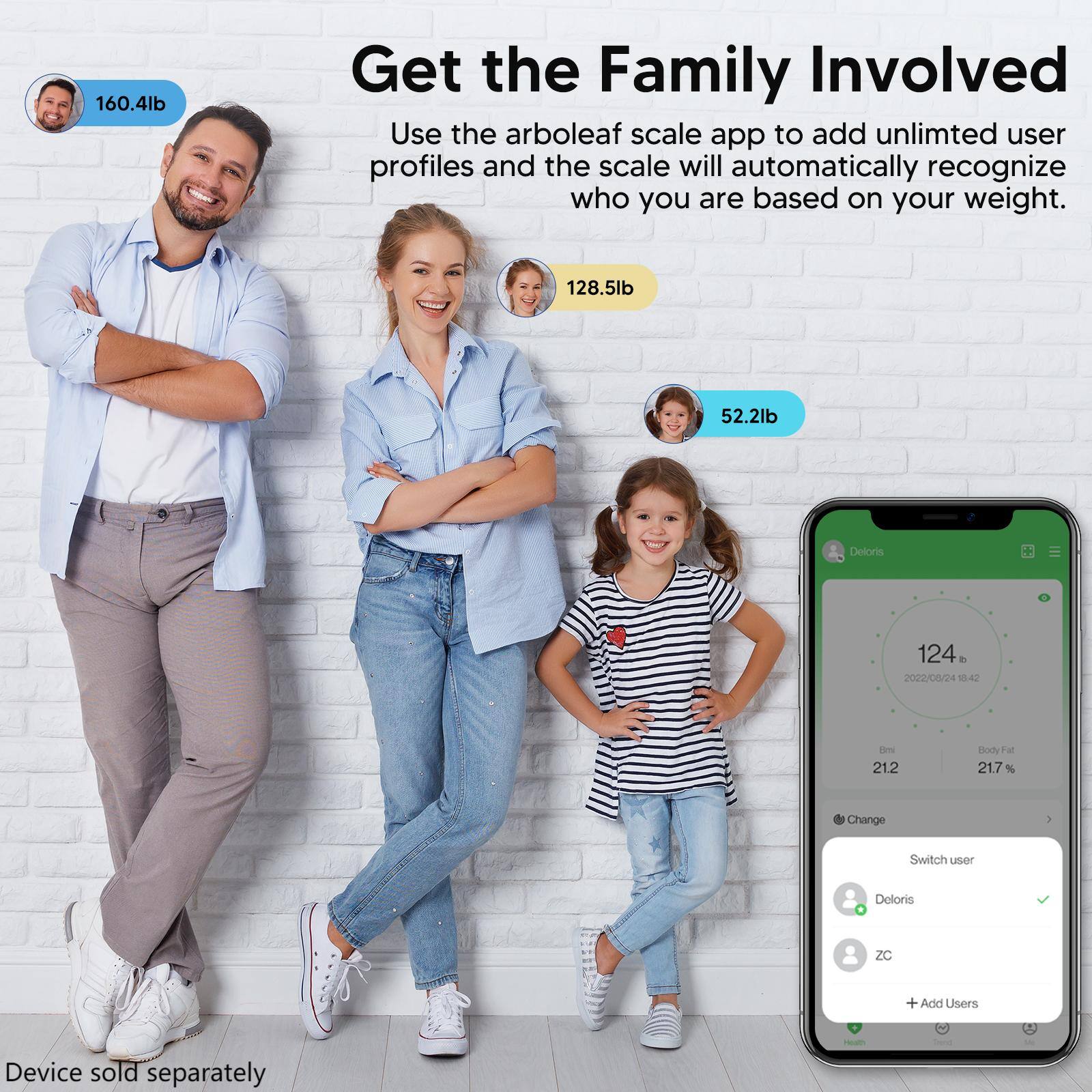 160.4lb Get the Family Involved Use the arboleaf scale app to add unlimted user profiles and the scale will automatically recognize who you are based on your weight. 128.5lb 52.2lb Deloris 124  2022/06/24 18:42 21.2 21.7% Change Switch user Deloris ZC + Add Users Device sold separately - e