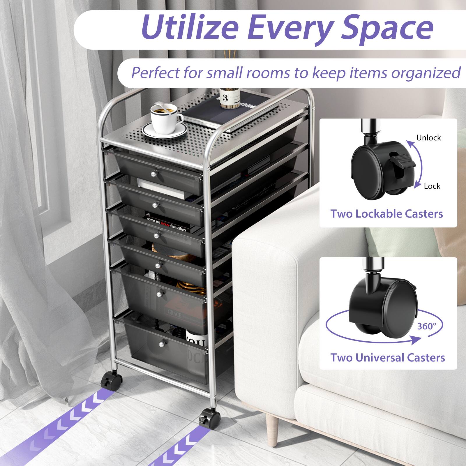 Utilize Every Space: Perfect for small rooms to keep items organized. Two Lockable Casters: Two Universal Casters.