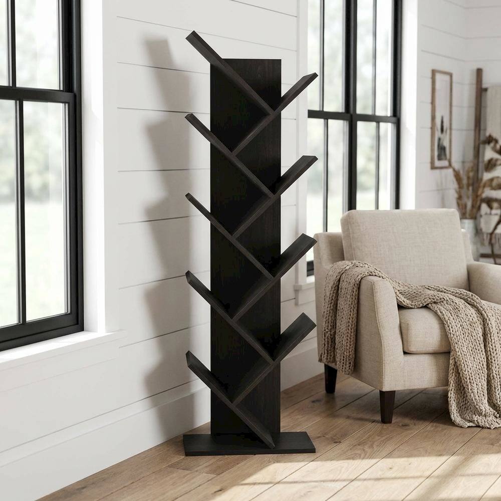Angle. FurniFact - 9-Tier Floor Bookcase with Engineered Wood Shelving for Storage and Display - Brown.