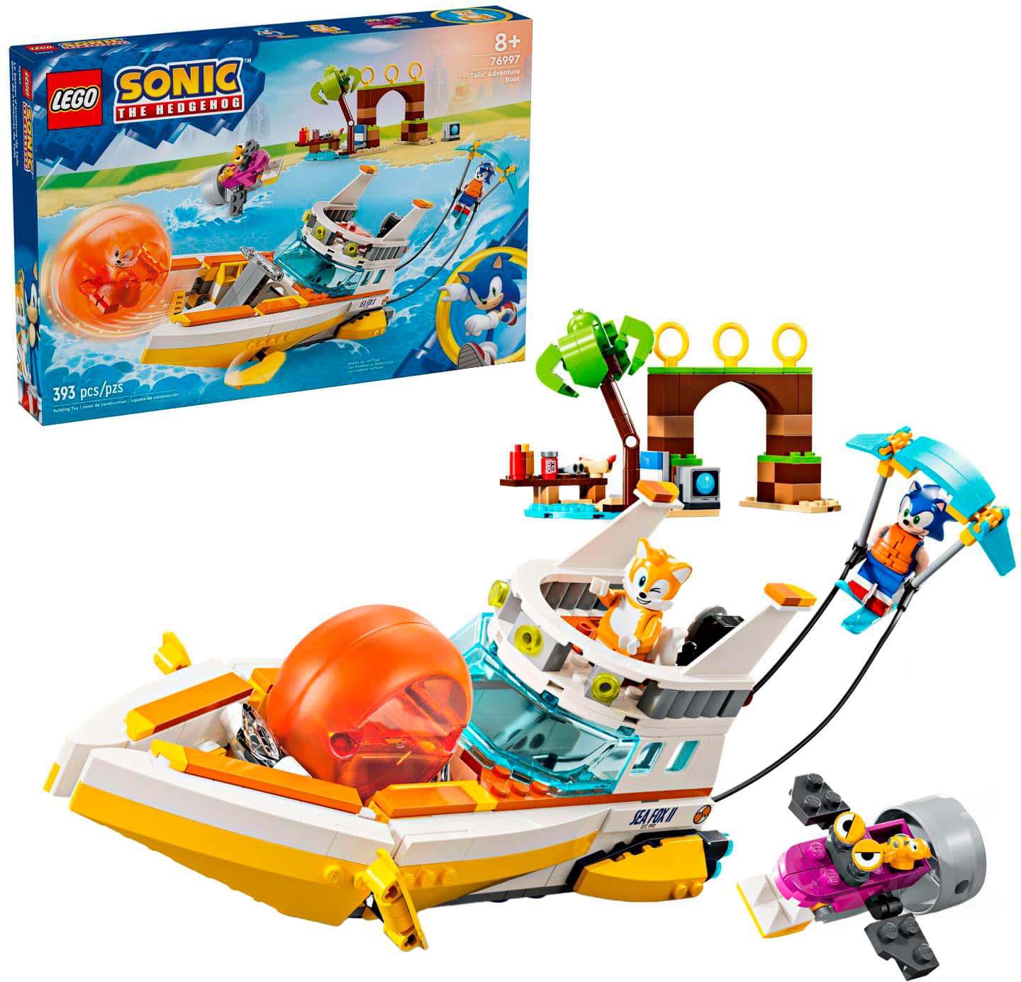 The image features a Lego Sonic the Hedgehog set, which includes a boat, a car, and a cat. The set is designed for children aged 8+ and has 76997 pieces. The boat is prominently displayed in the scene, along with the car and the cat. The overall composition of the image showcases the various components of the Lego set.