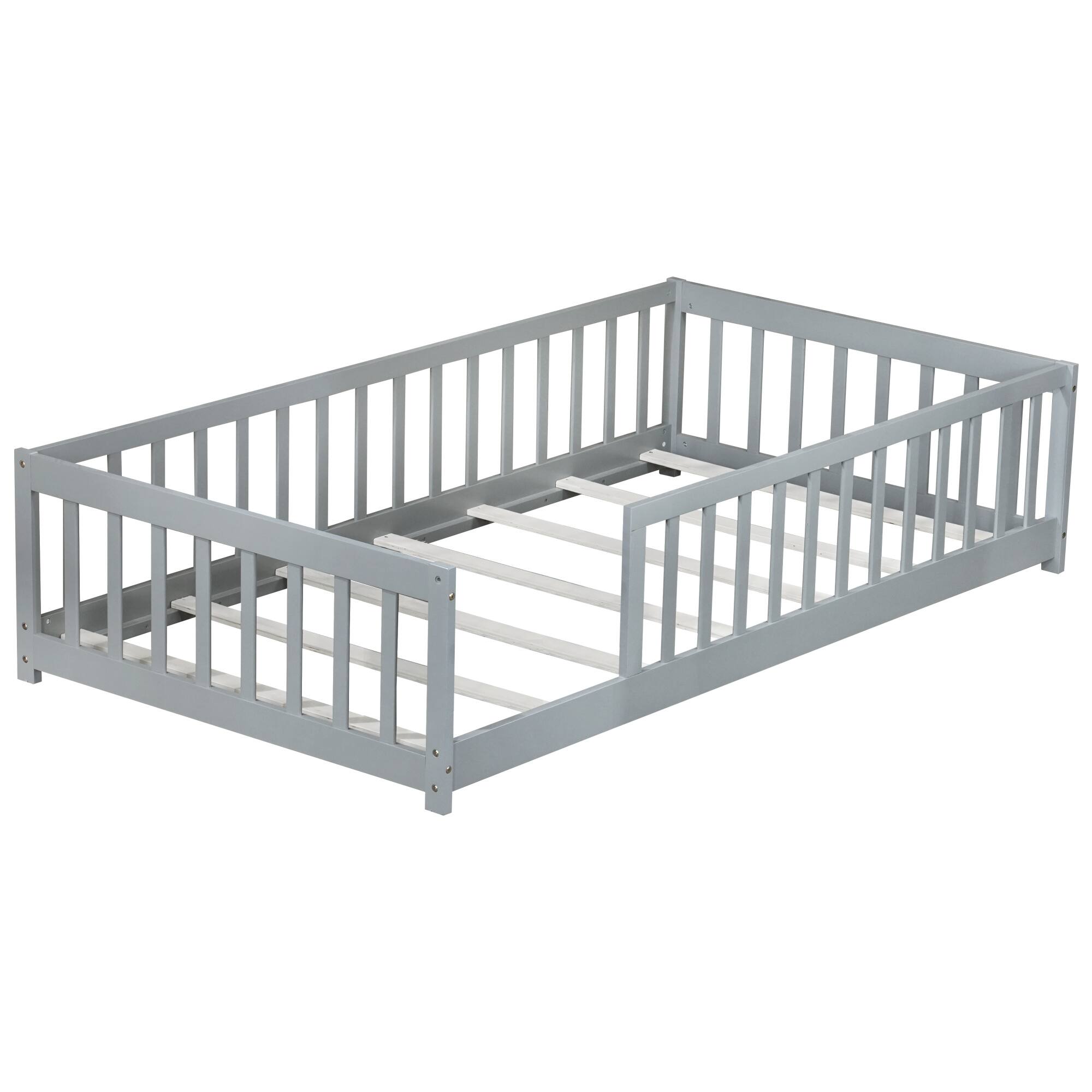 Alt View 6. GOODSILO - Twin Size Low-Profile Youth Bed with Secure Enclosure Frame, Solid Wood Construction, Neutral Finish - Grey.