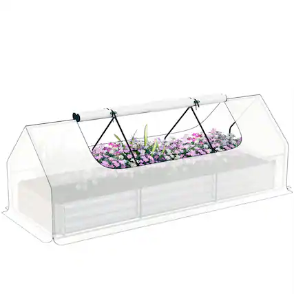 Front. Outsunny - 8.6 x 3 x 1ft Raised Garden Bed with Mini Greenhouse, Galvanized Raised Garden Bed with Cover for Herbs and Vegetables - White.