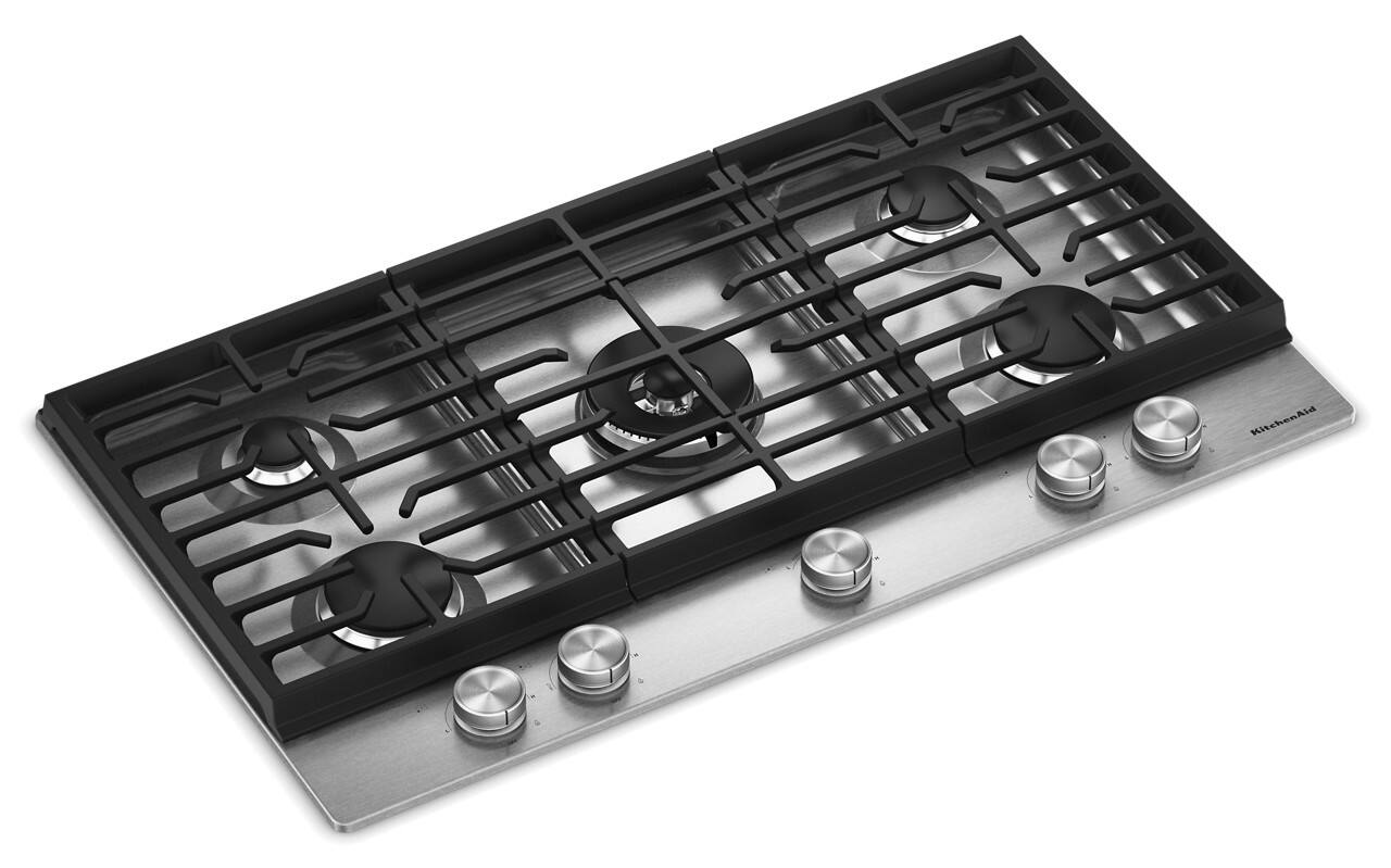 Angle. KitchenAid - 36 in. Wide 5 burners Gas Cooktop with Integrated Wok Grate - Stainless Steel.