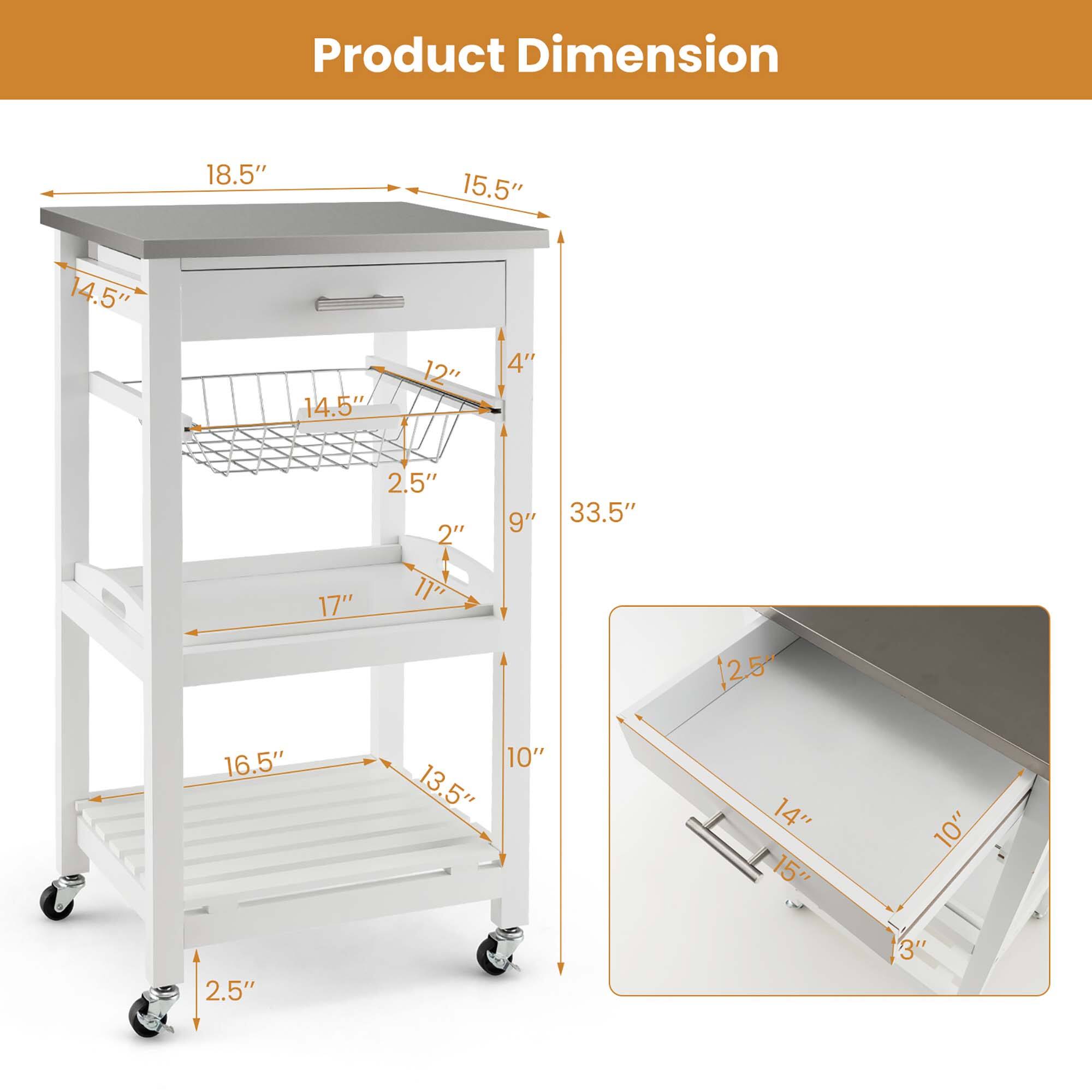 Product Dimension

- Top Shelf: 18.5" x 15.5"
- Middle Shelf: 14.5" x 14.5"
- Bottom Shelf: 16.5" x 13.5"
- Height: 33.5"
- Depth: 17"
- Width: 14.5"
- Height from floor to bottom shelf: 2.5"
- Height from floor to middle shelf: 9"
- Height from floor to top shelf: 33.5"
- Drawer: 15" x 10" x 2.5"
- Drawer Handle: 14" x 3"