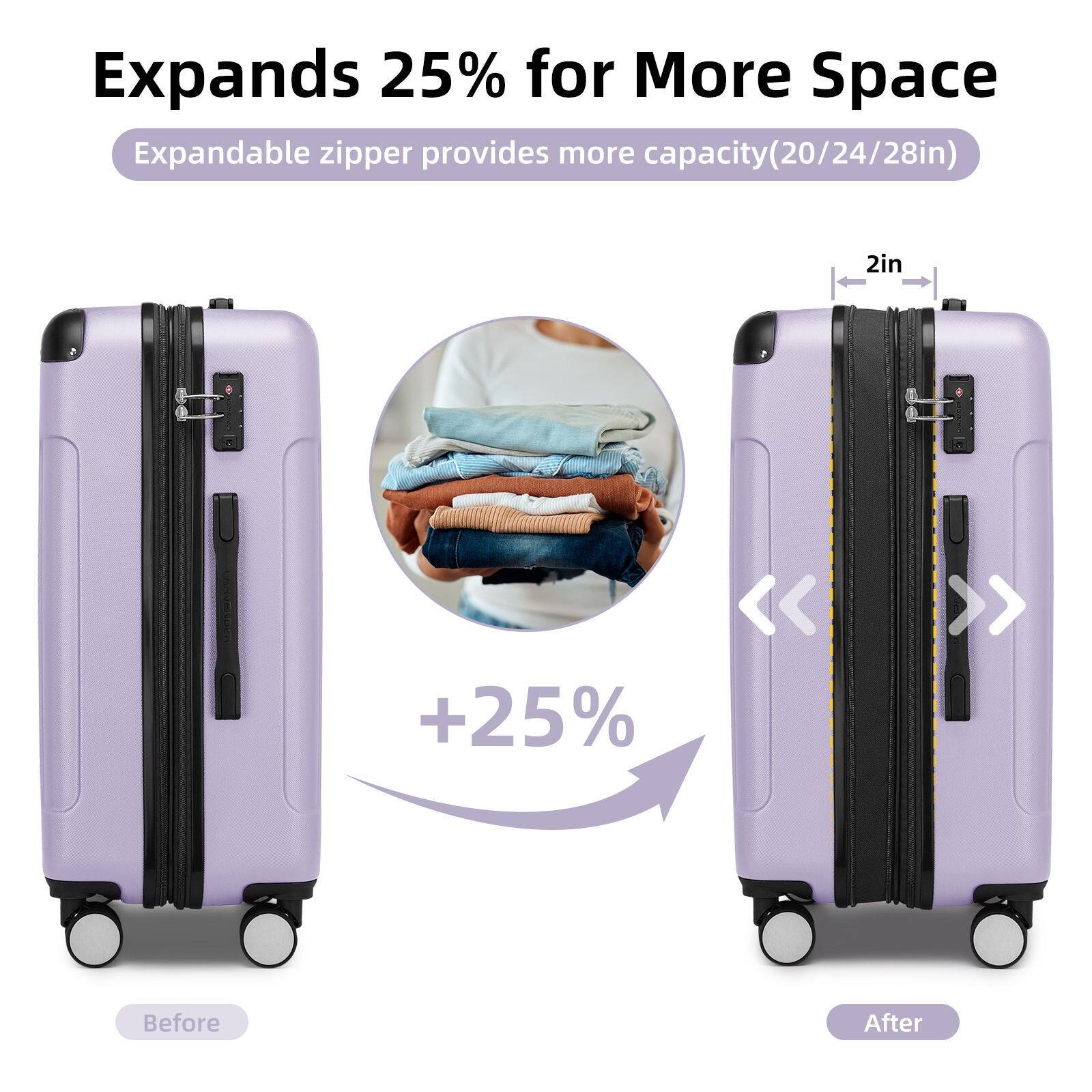 Expands 25% for More Space  
Expandable zipper provides more capacity (20/24/28in)  

Before  
After  

+25%  

2in