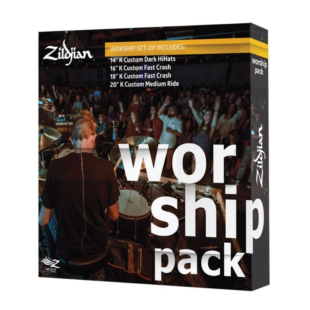 WORSHIP SET-UP INCLUDES:  
- 14" K Custom Dark HiHats  
- 16" K Custom Fast Crash  
- 18" K Custom Fast Crash  
- 20" K Custom Medium Ride  

Zildjian Worship Pack