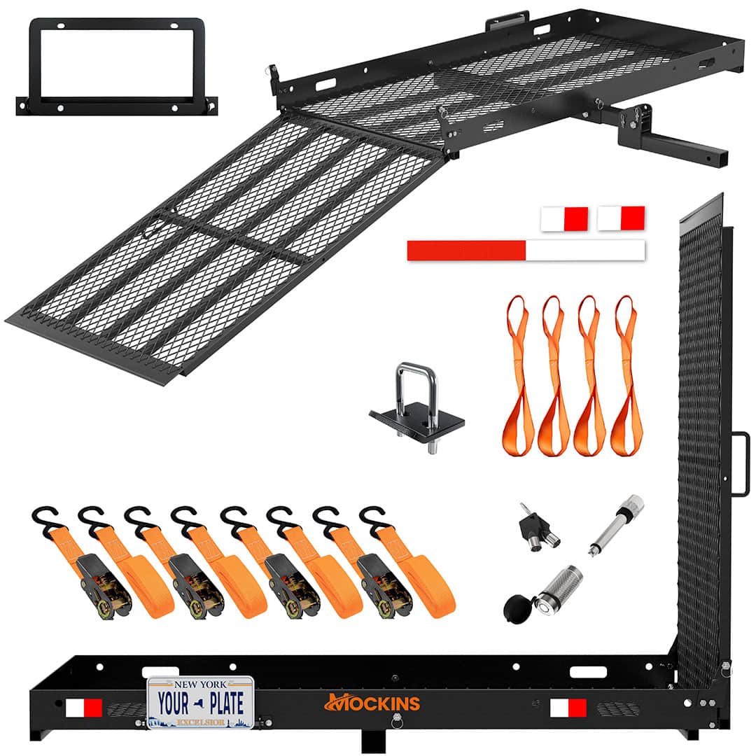 Mockins - 60 in. x 30 in. x 5 in. XL Folding Wheelchair Carrier with Ramp, License Plate Holder and Hitch Carrier Accessories