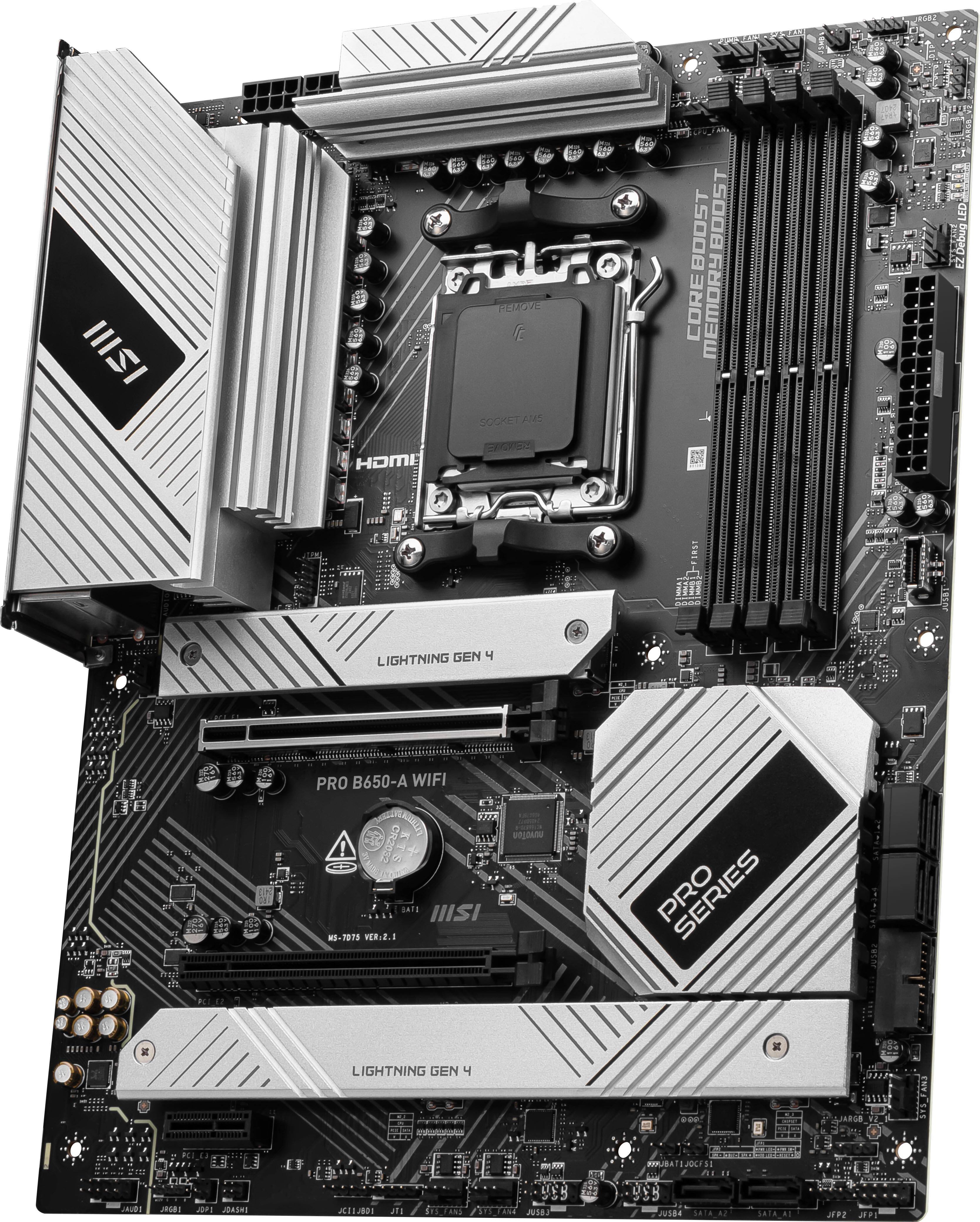 The image features a computer motherboard with a variety of components, including a CPU, memory, and a power supply. The motherboard is designed for a Pro Series computer and features the Lightning Gen 4 technology. The components are arranged in a way that allows for efficient cooling and optimal performance. The motherboard is also equipped with a debug lightning feature, which can be useful for troubleshooting and testing purposes.
