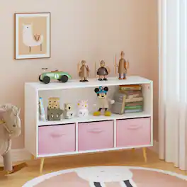 MERAVOM - 2-Tier Bookcase Bookshelf with 3 Collapsible Fabric Drawers, Cute Book Display Storage Cabinet Organizer for Playroom - Pink