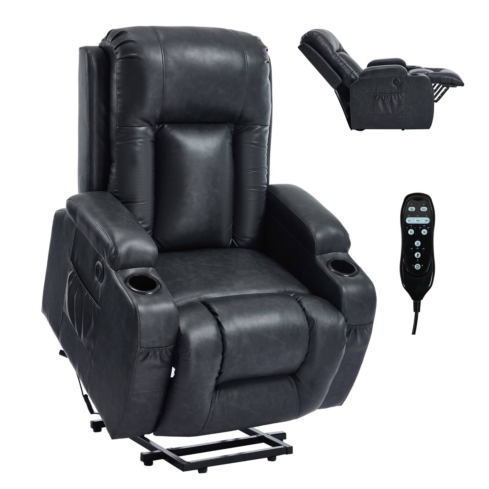 Angle. CheryLife - Gray PU Power Lift Recliner Chair with 8-Point Vibration Massage and Lumbar Heating - Gray.