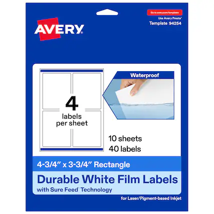 Go to avery.com/templates
Use Avery Presta™ Template 94254
Waterproof
4 labels per sheet
10 sheets
40 labels
4-3/4" x 3-3/4" Rectangle
Durable White Film Labels
with Sure Feed™ Technology
for Laser/Pigment-based Inkjet