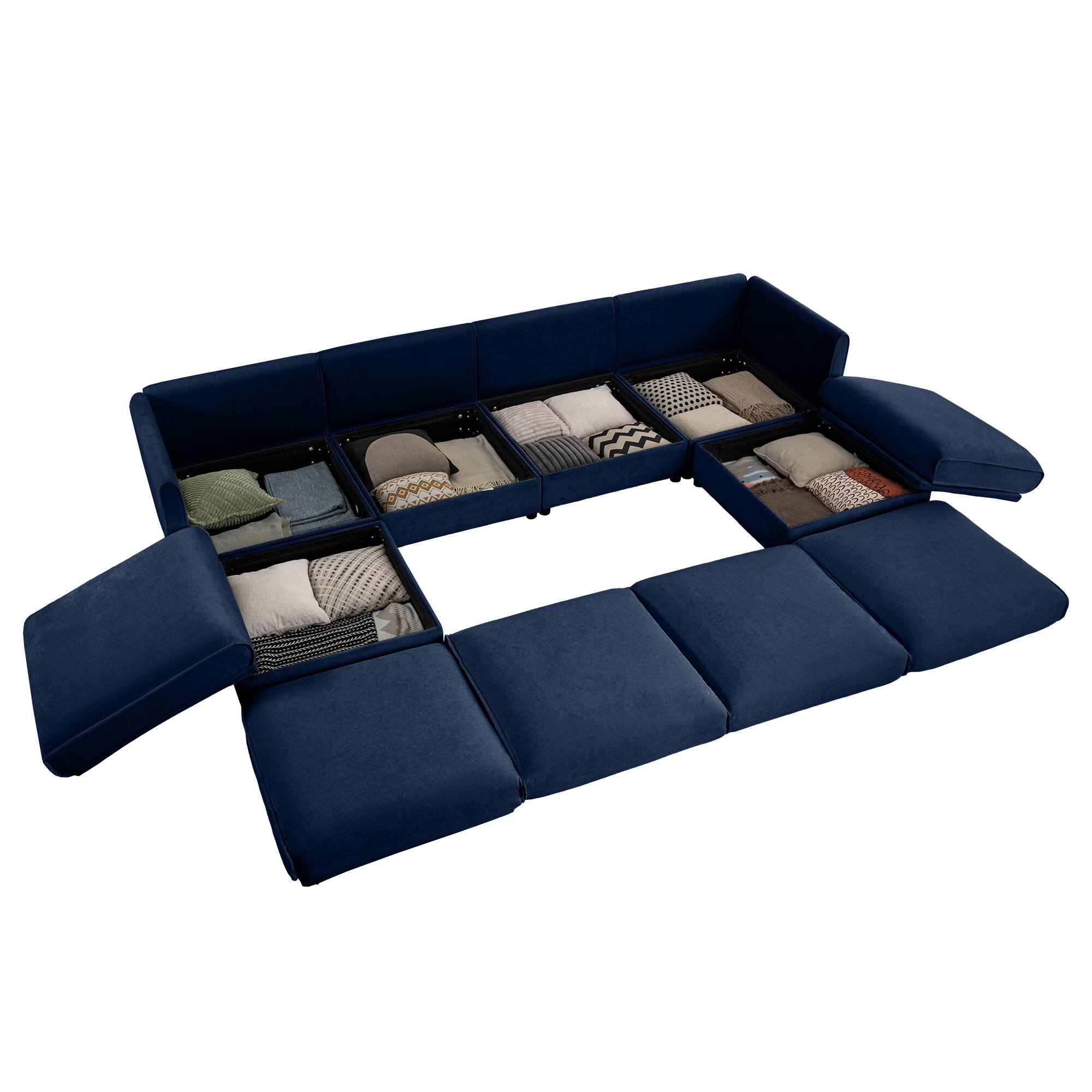 Left. Anysun - U-Shape Modular Sectional Sofa with Storage Ottoman - Deep Seat, Cylindrical Backrest & Armrests, Convertible Design - Blue.