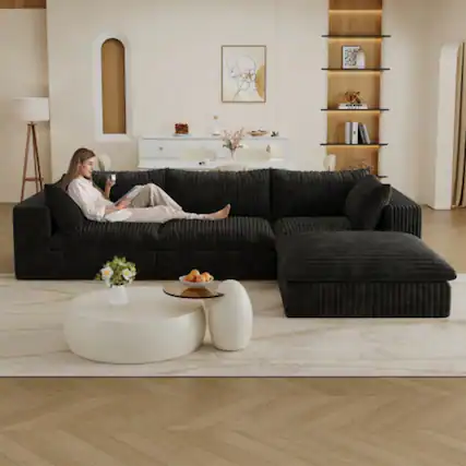 Front. LUCKY ONE - 118.2" Modular Cloud Sofa Corduroy Deep Seat No Assembly DIY Combination - Black.