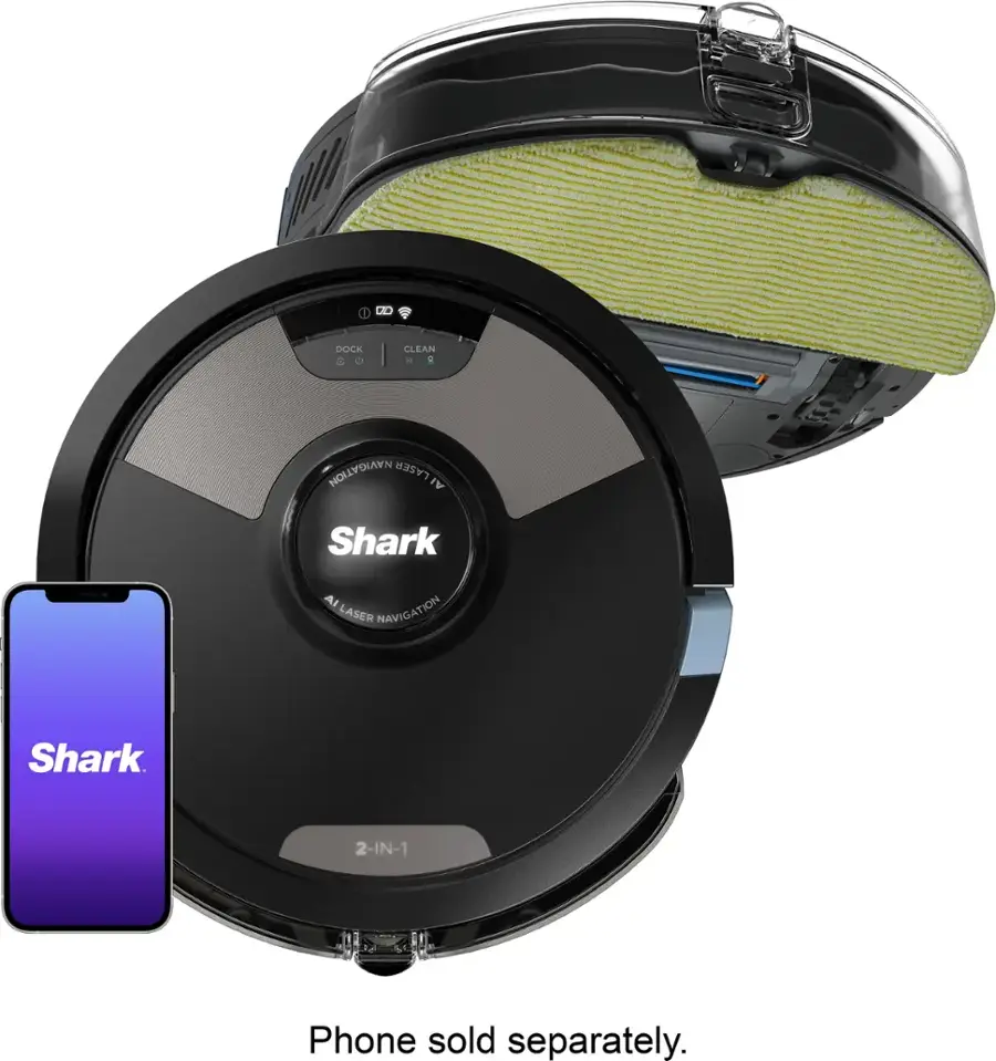 The image features a Shark 2-in-1 phone and navigation system. The phone is sold separately and can be used with the Shark navigation system. The Shark is a black and grey device that can be used for cleaning purposes as well. The image also shows a phone and a suitcase, which are not part of the Shark product.