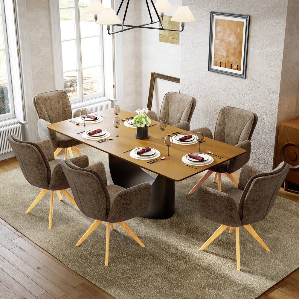 Angle. POVISON - Mid-Century Modern Upholstered Swivel Wood Dining Chairs Set of 2, Fabric Armchairs for Dining & Living Room, Brown - Brown & Natural Wood.