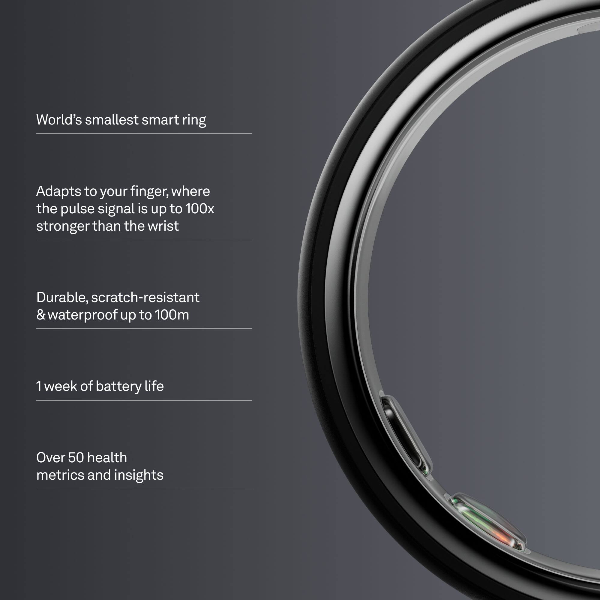 World's smallest smart ring

Adapts to your finger, where the pulse signal is up to 100x stronger than the wrist

Durable, scratch-resistant & waterproof up to 100m

1 week of battery life

Over 50 health metrics and insights