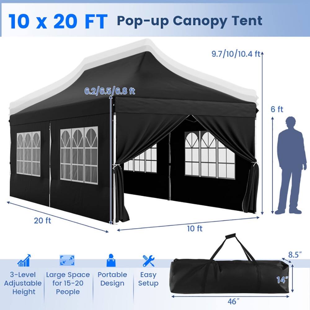 10 x 20 FT Pop-up Canopy Tent

- 9.7/10/10.4 ft
- 6.2/6.5/6.8 ft
- 6 ft
- 20 ft
- 10 ft
- 8.5" x 14" x 46"

Features:
- 3-Level Adjustable Height
- Large Space for 15-20 People
- Portable Design
- Easy Setup