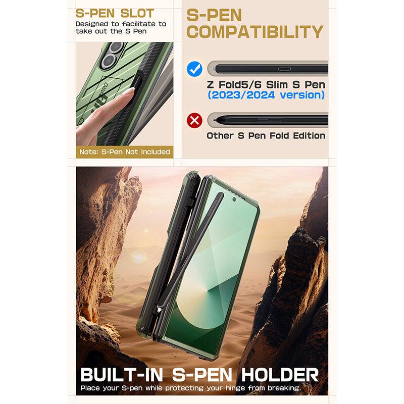 **S-PEN SLOT**  
Designed to facilitate taking out the S Pen

**S-PEN COMPATIBILITY**  
✓ Z Fold5/6 Slim S Pen (2023/2024 version)  
✗ Other S Pen Fold Edition

Note: S-Pen Not Included

**BUILT-IN S-PEN HOLDER**  
Place your S-pen while protecting your hinge from breaking.