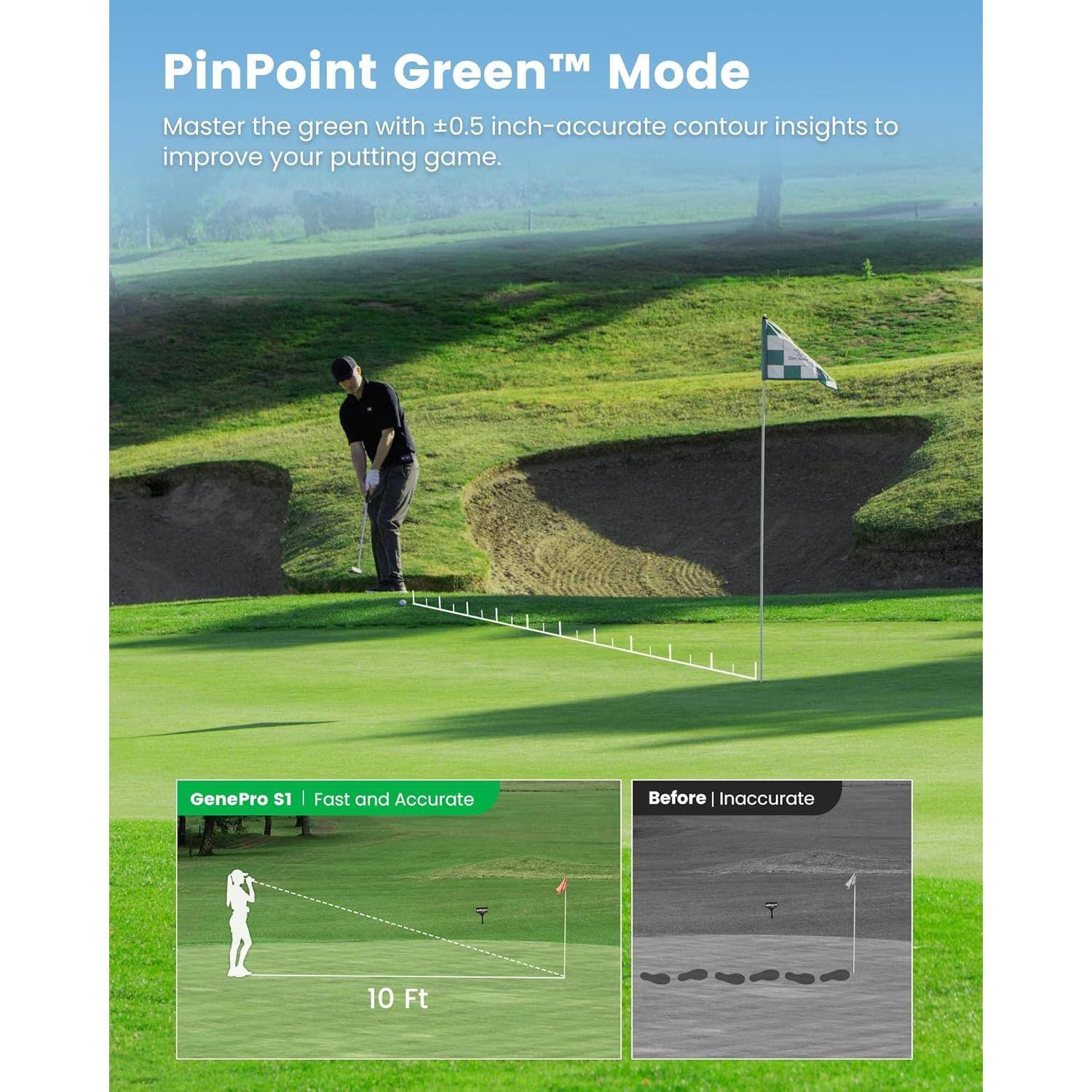 PinPoint Green™ Mode  
Master the green with ±0.5 inch-accurate contour insights to improve your putting game.  

GenePro S1 | Fast and Accurate  
Before | Inaccurate  
10 Ft