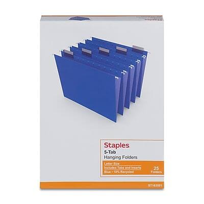 Staples  
5-Tab Hanging Folders  
Letter Size  
Includes Tabs and Inserts  
Blue  
10% Recycled  
25 Folders  
ST163501