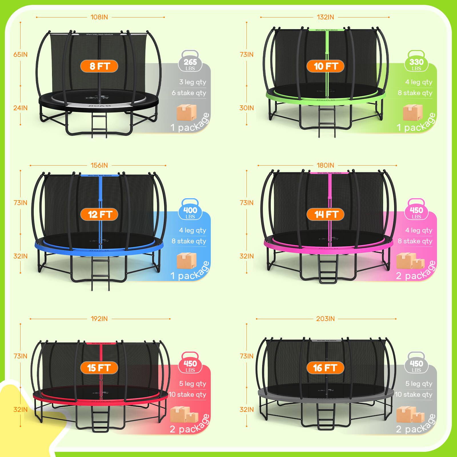 108IN 132IN  
65IN 8 FT 265 LBS  
24IN 3 leg qty 6 stake qty 1 package  

156IN 180IN  
73IN 12 FT 400 LBS  
32IN 4 leg qty 8 stake qty 1 package  

192IN 203IN  
73IN 15 FT 450 LBS  
32IN 5 leg qty 10 stake qty 2 package  

73IN 16 FT 450 LBS  
32IN 5 leg qty 10 stake qty 2 package