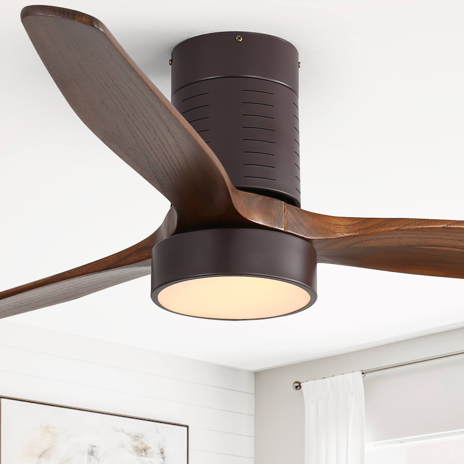 Sofucor - Low Profile Flush Mount Ceiling Fan w/ Remote & 3 Walnut Wood Blades,Reversible,Dimmable for Living Room Kitchen Bedroom - Black-walnut Wood