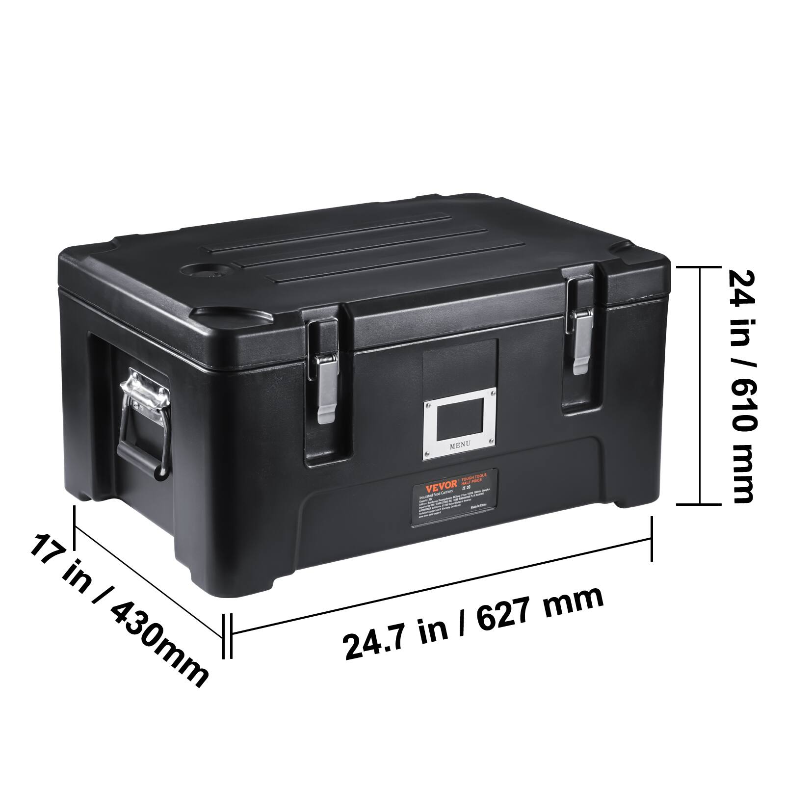 17 in / 430mm, 24 in / 610 mm, 24.7 in / 627 mm, MENU, VEVOR