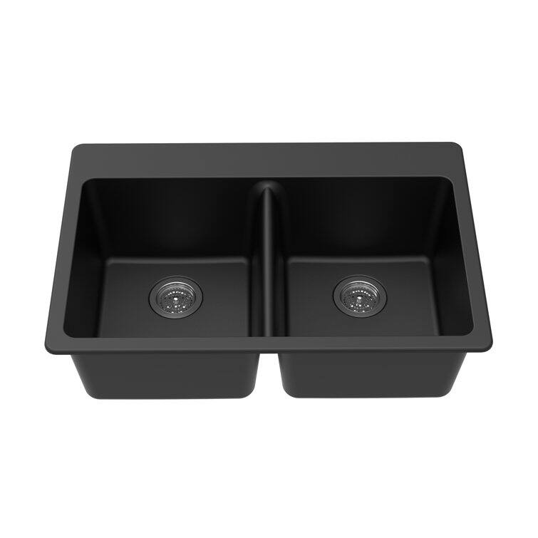 Front. Winpro - Winpro Dual Mount Granite Composite 33 in. L x 22 in. L x 9.5 in. Double Equal Bowl Kitchen Sink in Black - Black.