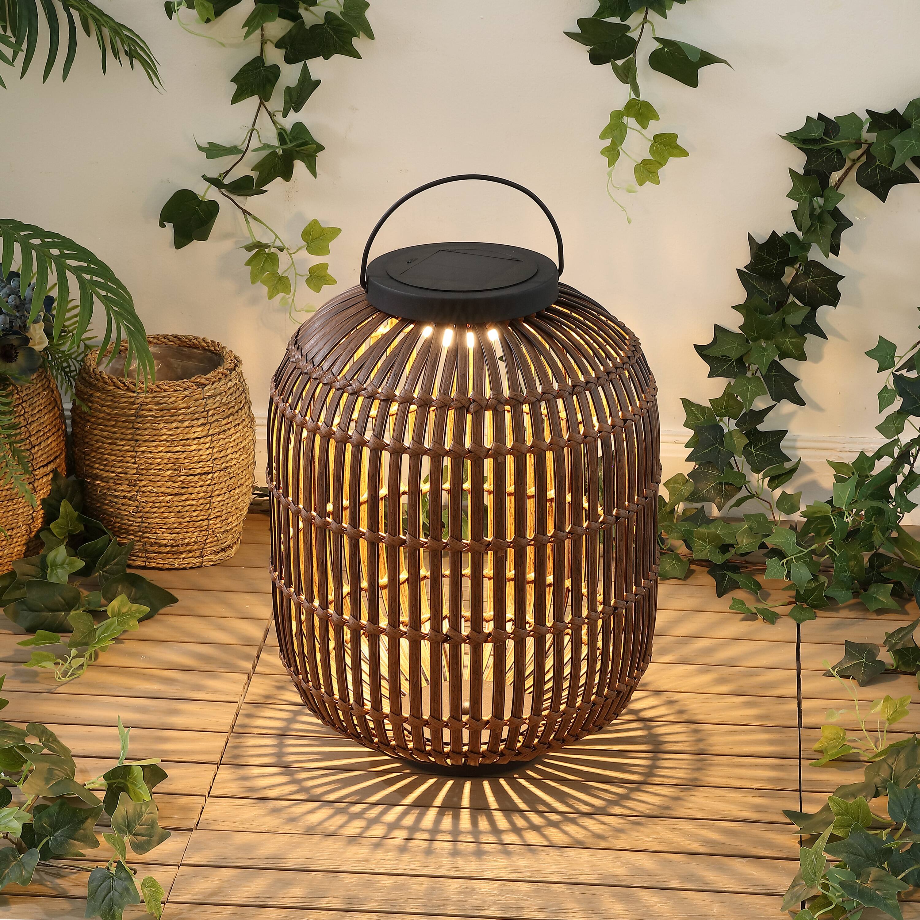 Alt View 1. Jonathan Y - Nara 20.5" Modern Global Faux Rattan Integrated Indoor/Outdoor LED Solar Powered Lantern, Dark Brown/Black - Dark Brown/Black.