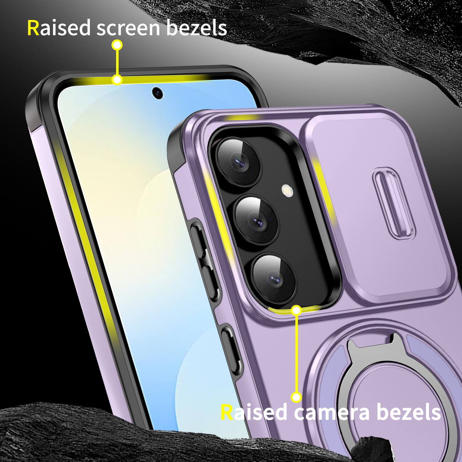 Raised screen bezels  
Raised camera bezels